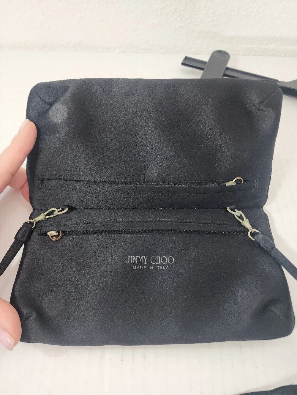 Vintage Y2K Jimmy Choo Black Silk Satin Crystal Bow Evening Clutch Bag